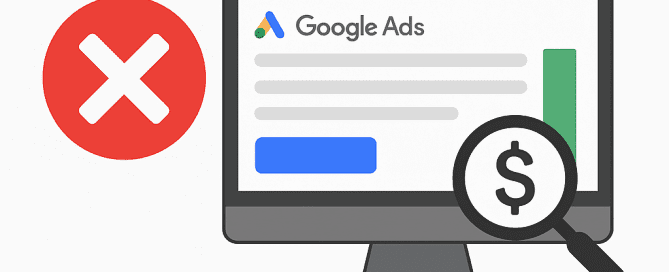 Illustration of Google Ads on a computer screen with a red error symbol and magnifying glass highlighting ad cost, representing common PPC mistakes.