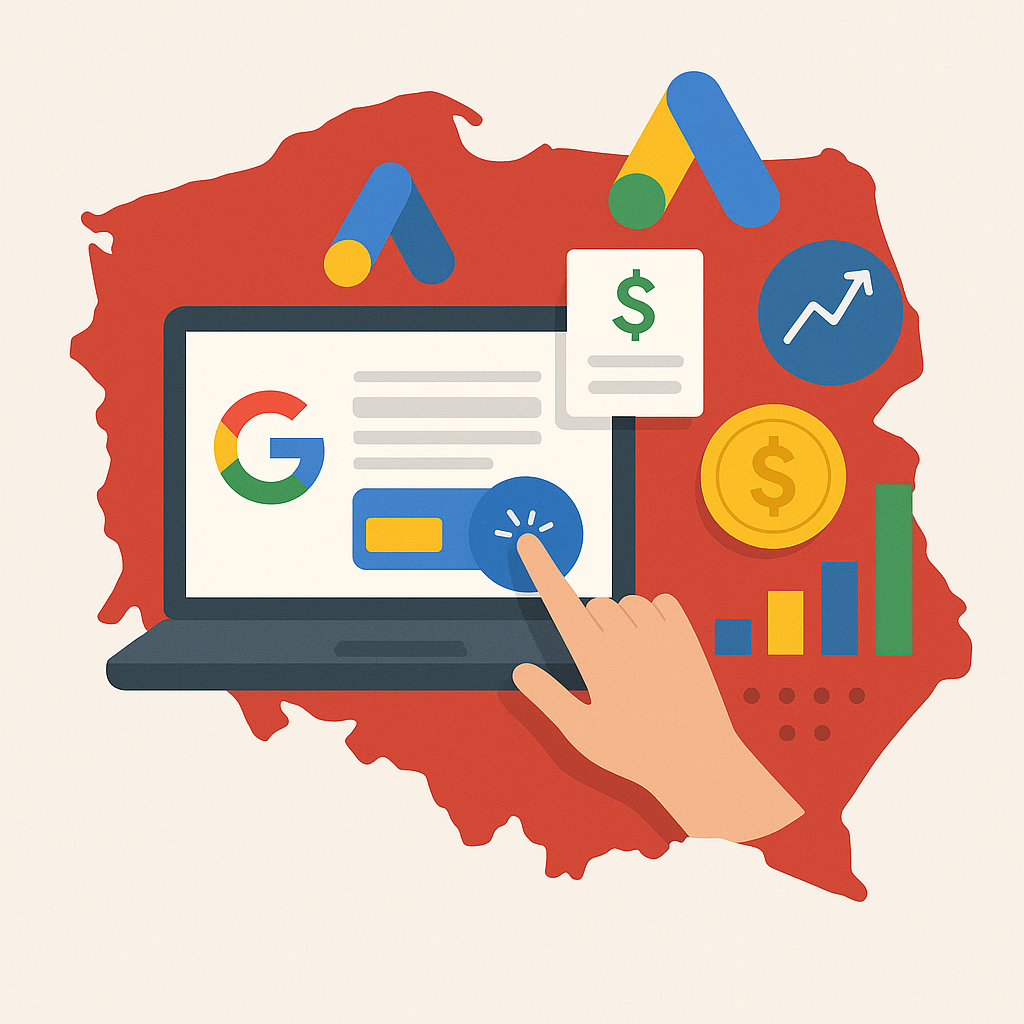 google-ads-services-poland-ppc-campaigns Illustration of Google Ads PPC campaigns in Poland with a hand clicking on an ad, set against a red map of Poland with analytics and ad icons