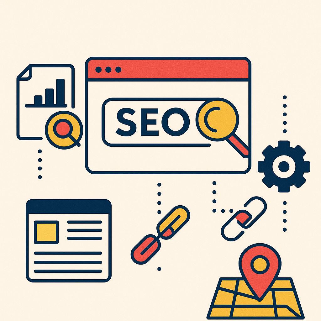 Flat-style illustration of SEO elements including search bar, backlinks, map, and optimization icons – visual guide for Search Engine Optimization in Poland