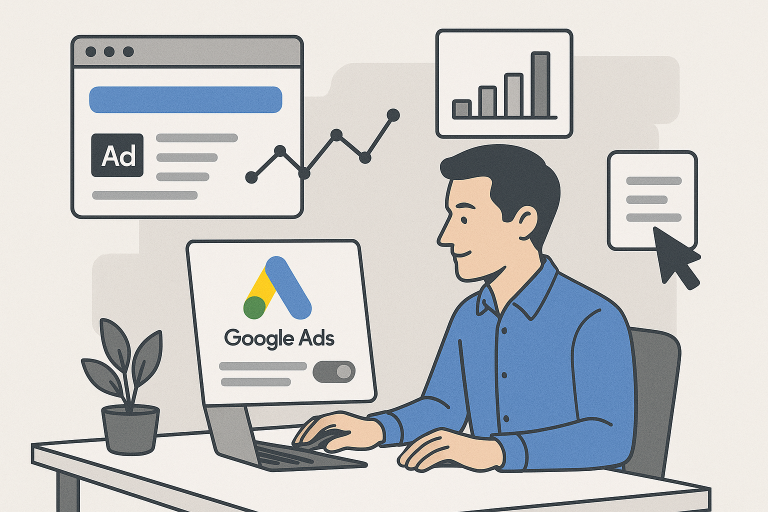 Flat-style illustration of a digital marketing professional managing Google Ads on a laptop, surrounded by charts, campaign data, and a user interface, representing PPC strategy and performance analysis.