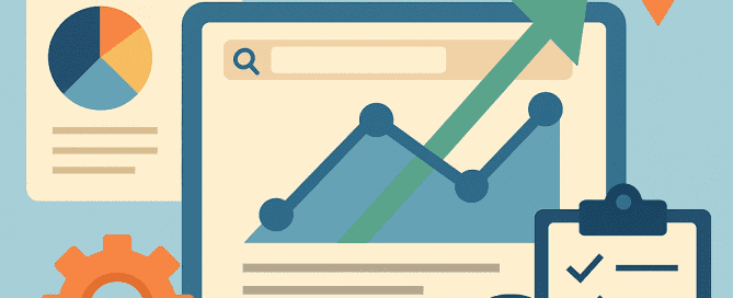 Flat-design illustration of SEO page analysis showing a computer screen with a search engine result page, upward arrow graph, pie chart, checklist, magnifying glass, and location pin.