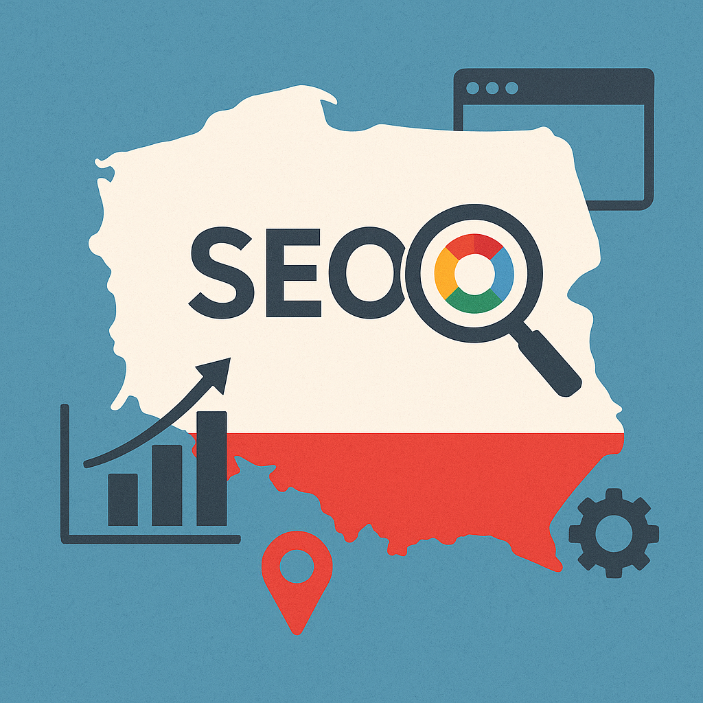 seo-services-poland-illustration-growthpulse Illustration of SEO services in Poland featuring a map with search, analytics, and location icons.