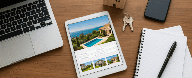 Modern digital marketing setup for real estate in Cyprus with laptop, tablet showing villas, and property model on desk.