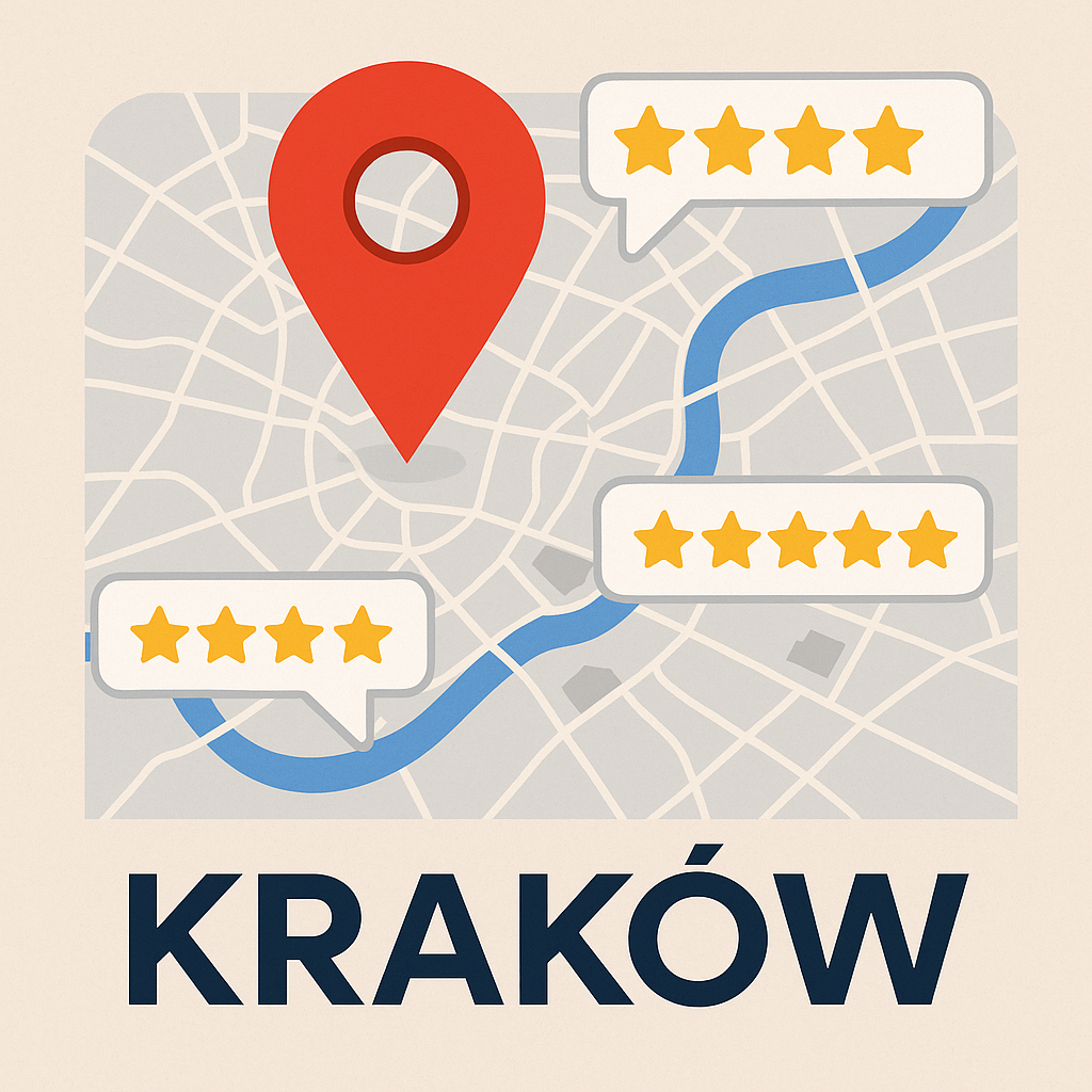 Local SEO Services in Kraków illustration with Google Maps pin, business listings, and star reviews