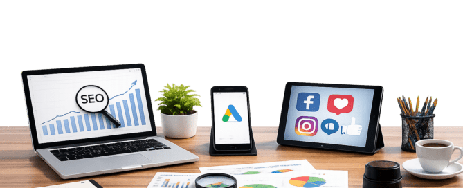 Minimalist digital marketing workspace showing Google Maps ranking and local SEO strategy for businesses in Cyprus