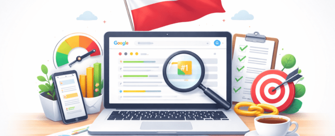 Google ranking factors illustration showing SEO analysis and website optimization for businesses targeting Poland