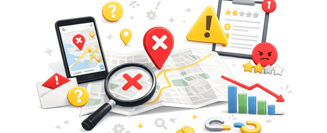 Minimalist illustration showing local SEO mistakes affecting Google Maps rankings for businesses in Cyprus