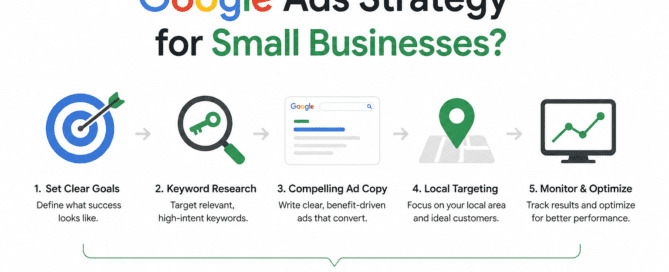 Minimalist illustration representing Google Ads strategy for small businesses focusing on growth, targeting, and ROI