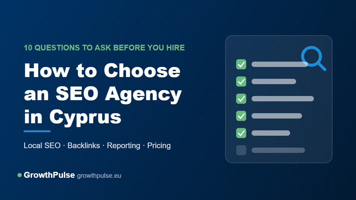 How to choose an SEO agency in Cyprus checklist graphic by GrowthPulse